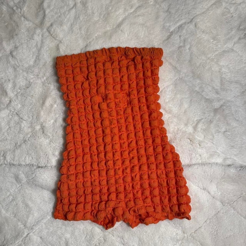 Fashion Nova Orange Textured Popcorn Waffle Knit Strapless Romper Womens
